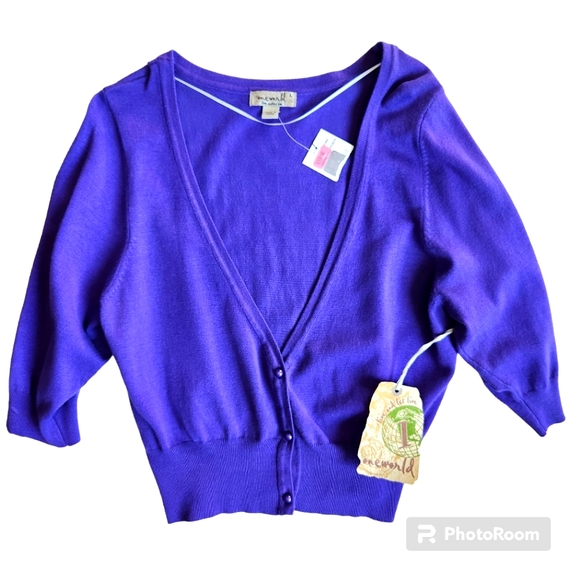 One World, NWT, Live & Let Live Purple Button Crop Cardigan L - Picture 1 of 11